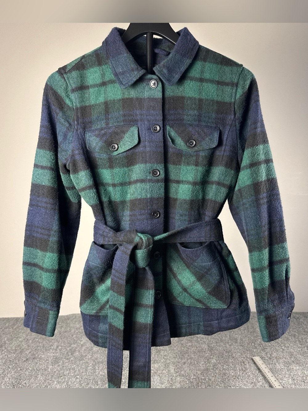 Talbots Tie Waist Shirt Jacket Snowfall Black Watch Plaid Sz Small Petite